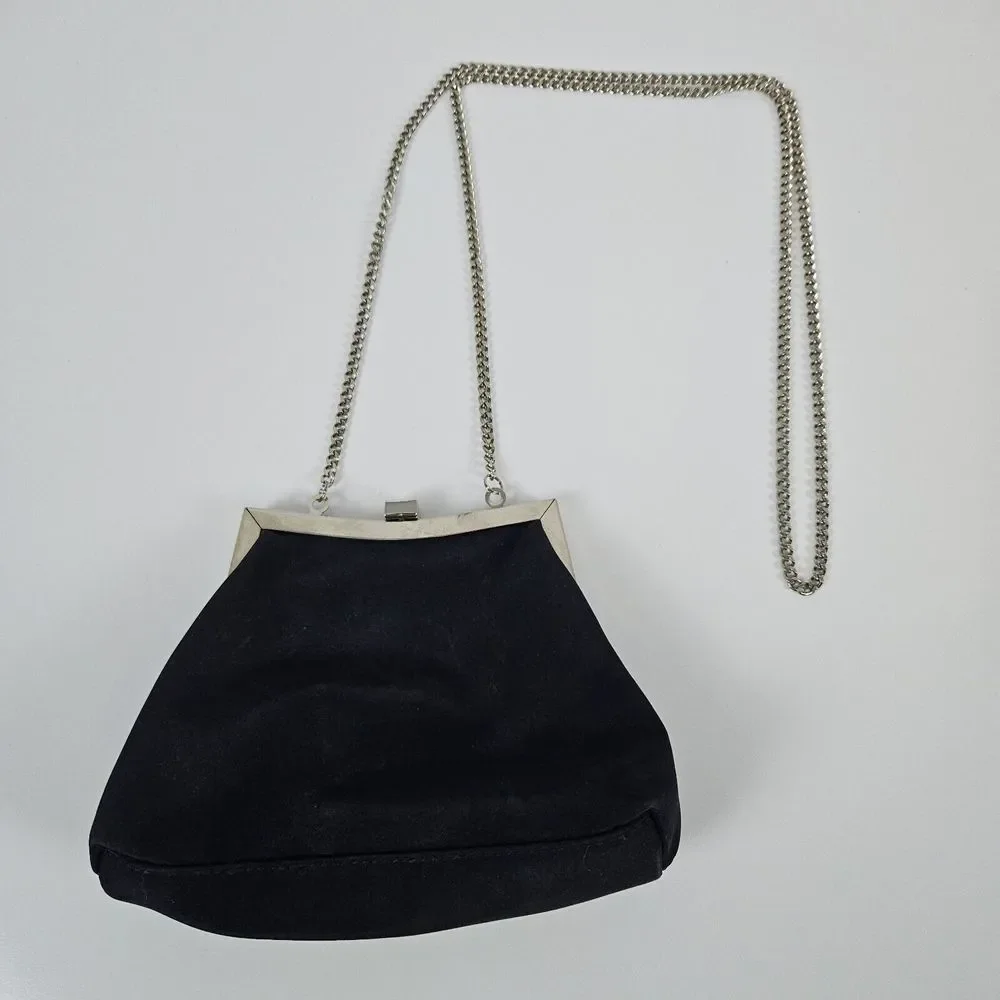 Liz Claiborne Small Purse Clutch‎ Black Long Chain 100% Polyester Top Clasp